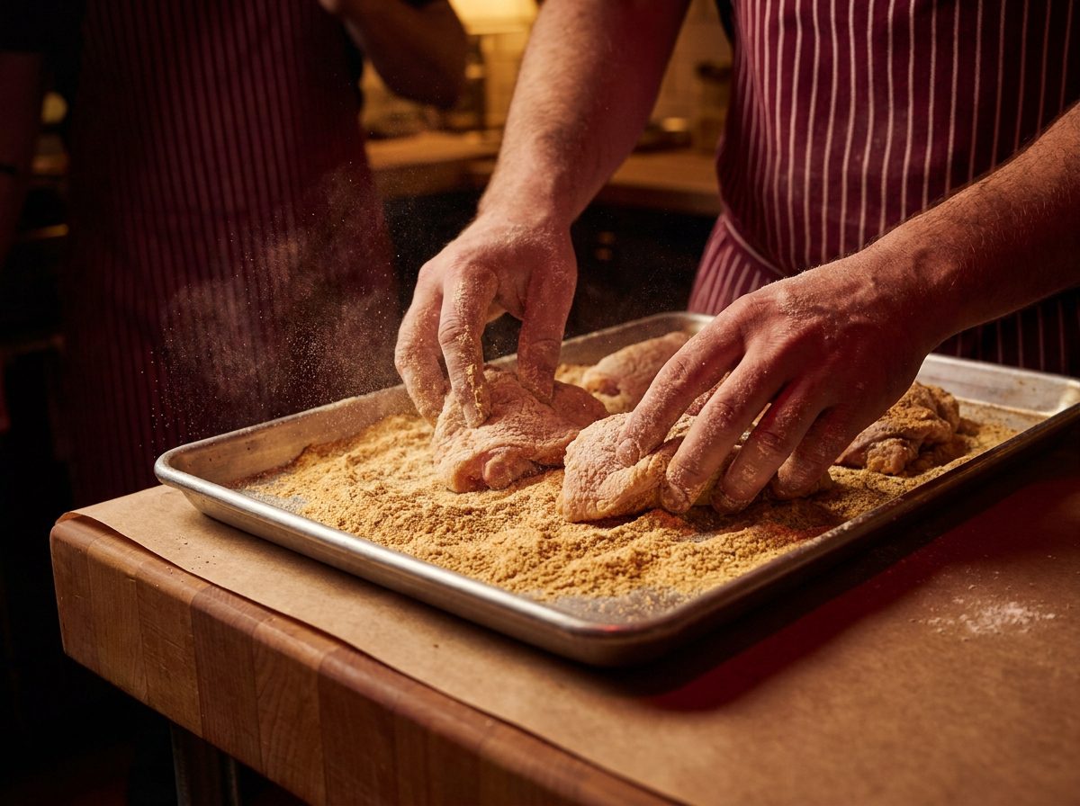 Hands dredging chicken through seasoned flour on butcher paper