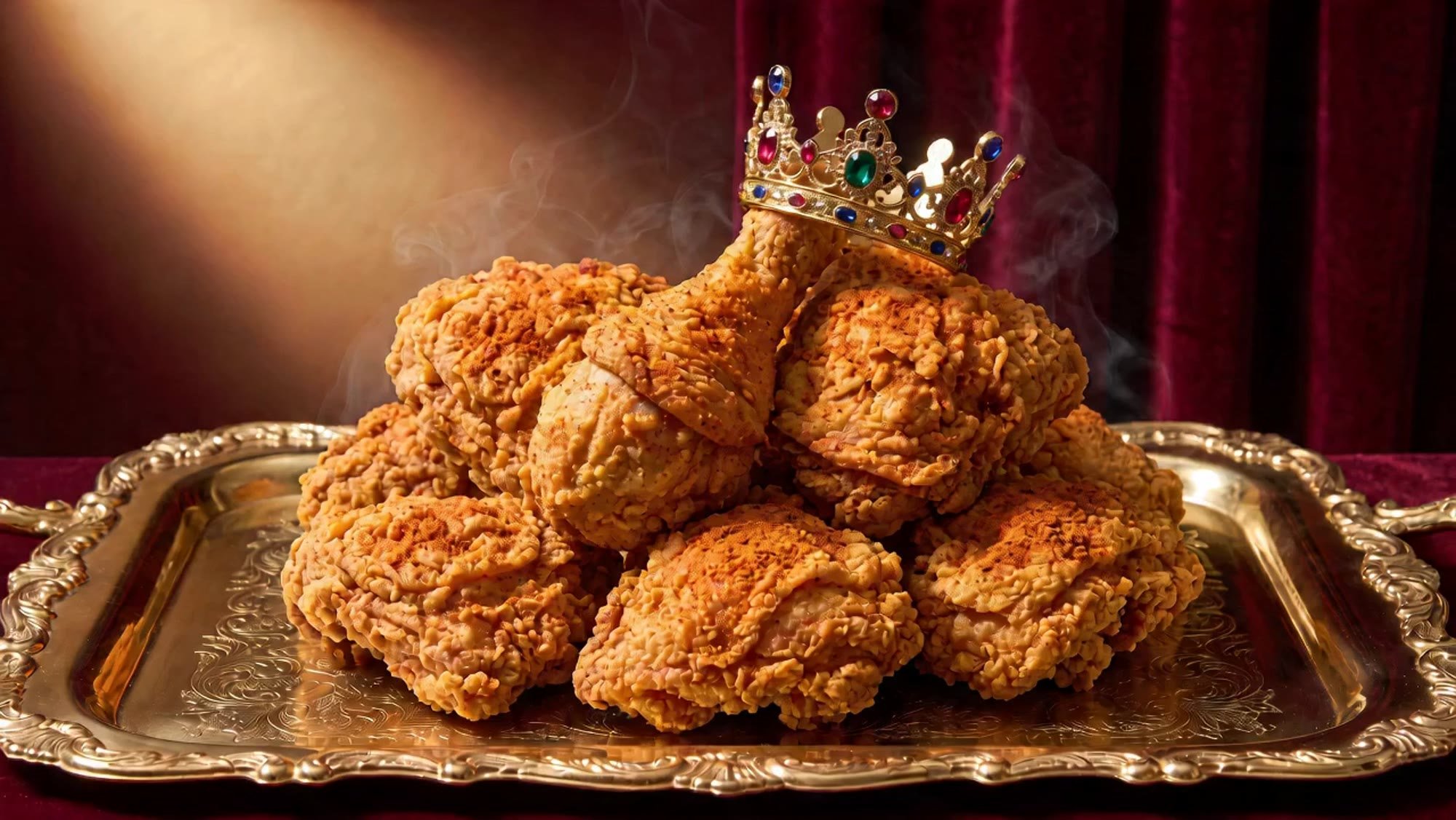 A platter of golden fried chicken crowned with a jeweled gold crown under a spotlight